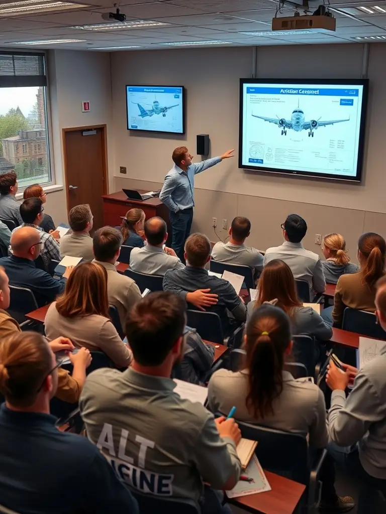 A high-resolution photograph of a modern flight school classroom with students attentively listening to an instructor, showcasing a positive and engaging learning environment.