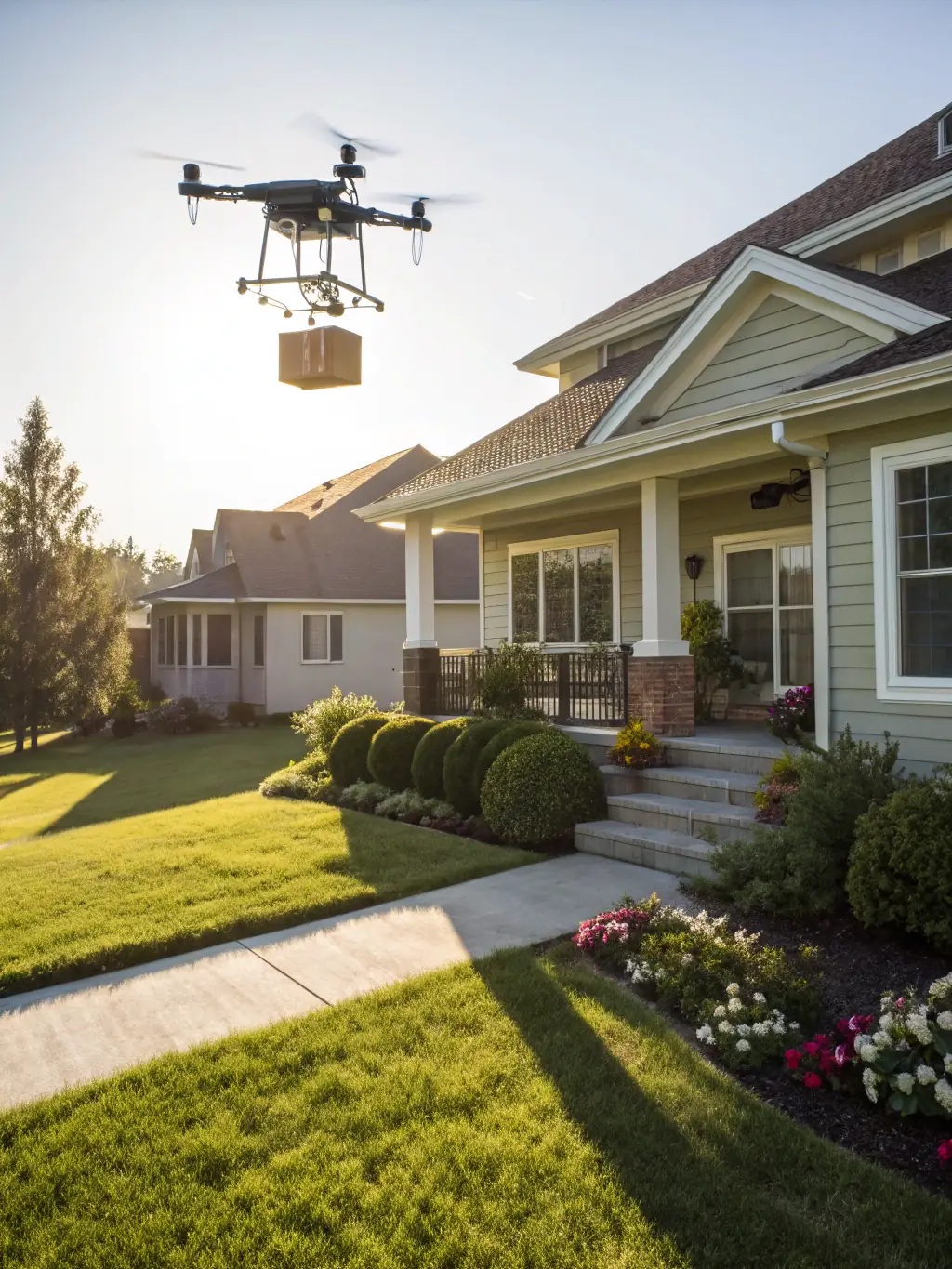 An image of a drone delivery service in action, showcasing the innovative use of drones for commercial purposes in a modern urban setting.