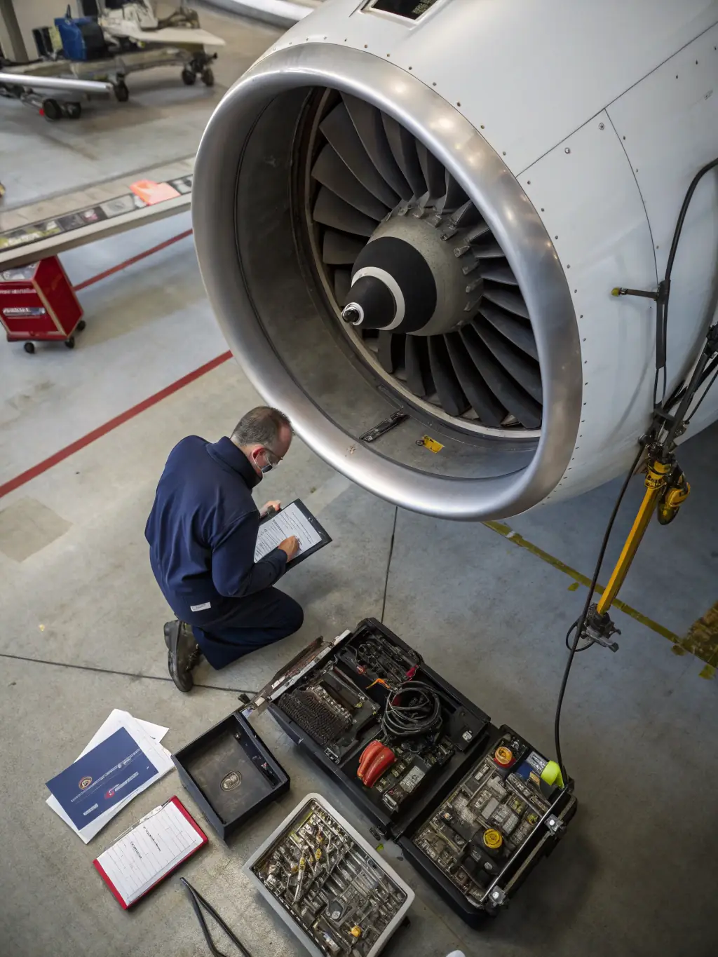 A detailed image of an aircraft maintenance technician performing a thorough inspection on a small airplane engine, highlighting precision and expertise.